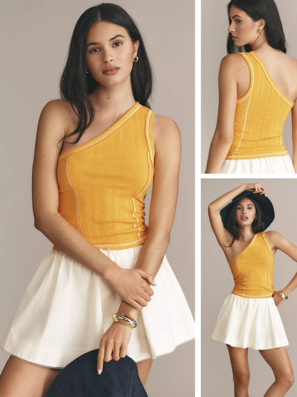 NWT PILCRO Anthropologie Banded One-Shoulder Knit Top Size Small Yellow / White